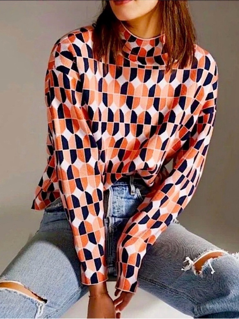 Maeve Anthropologie Women’s Geometric Pattern Mock Neck Sweater - Orange & Navy